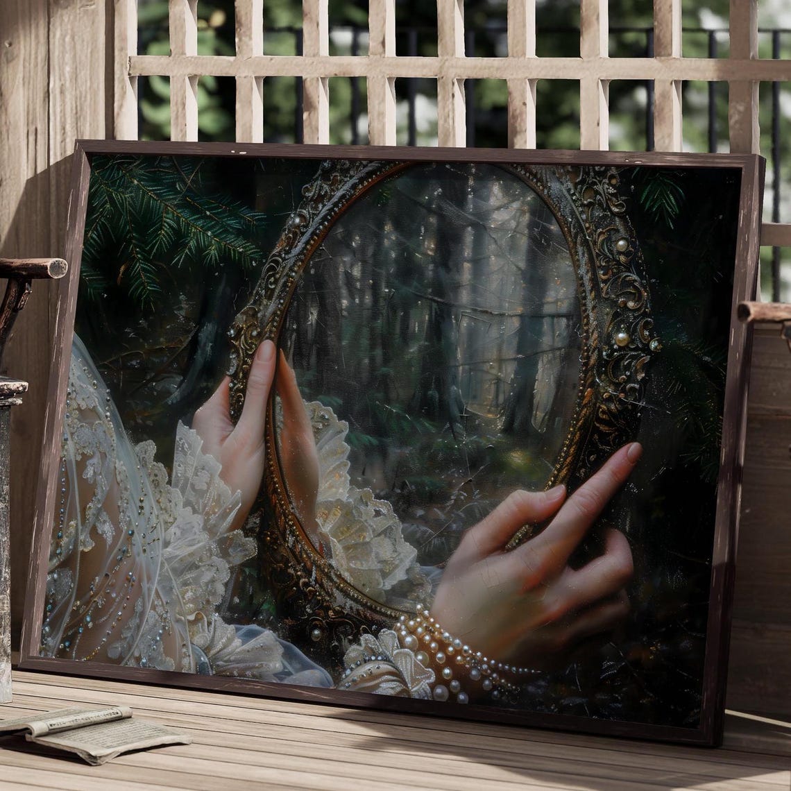 Hands Holding Ornate Mirror Reflecting Dark Forest Gothic Print