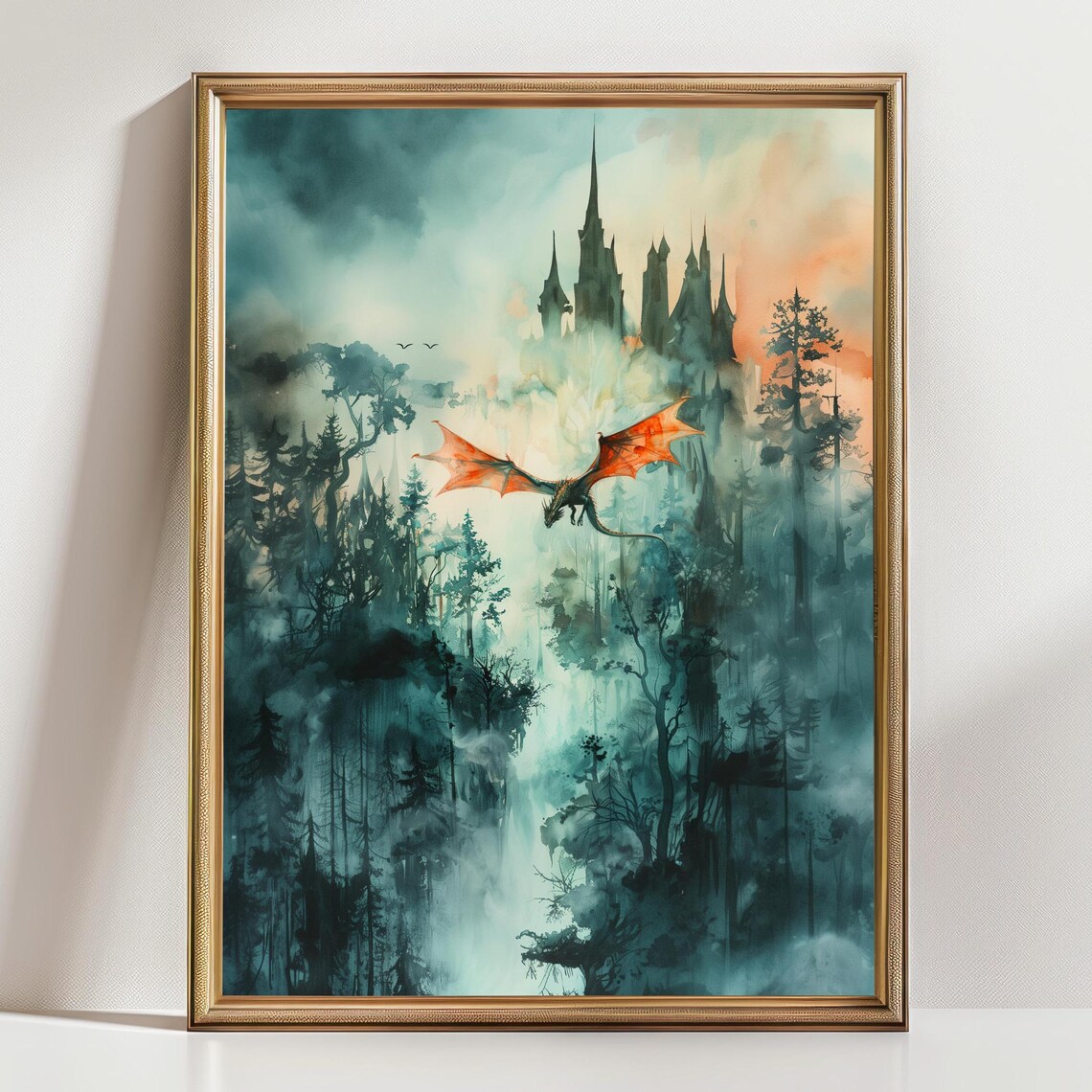 Forest Dragon Watercolor Vertical Wall Art Print