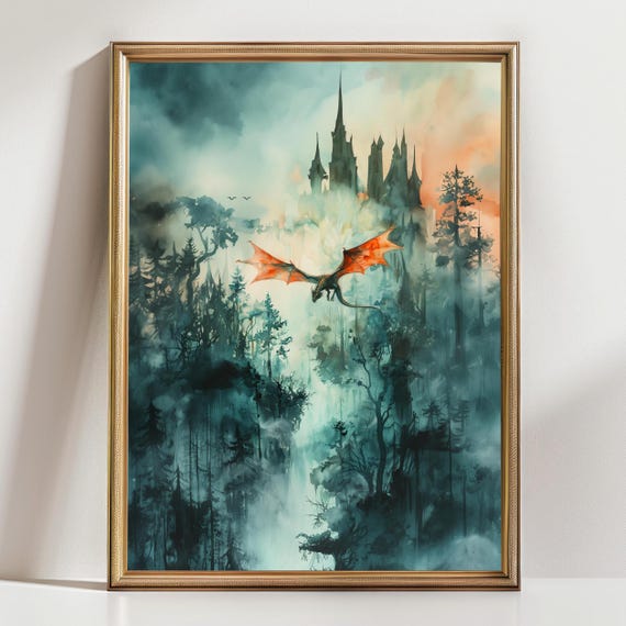 Forest Dragon Watercolor Vertical Wall Art Print