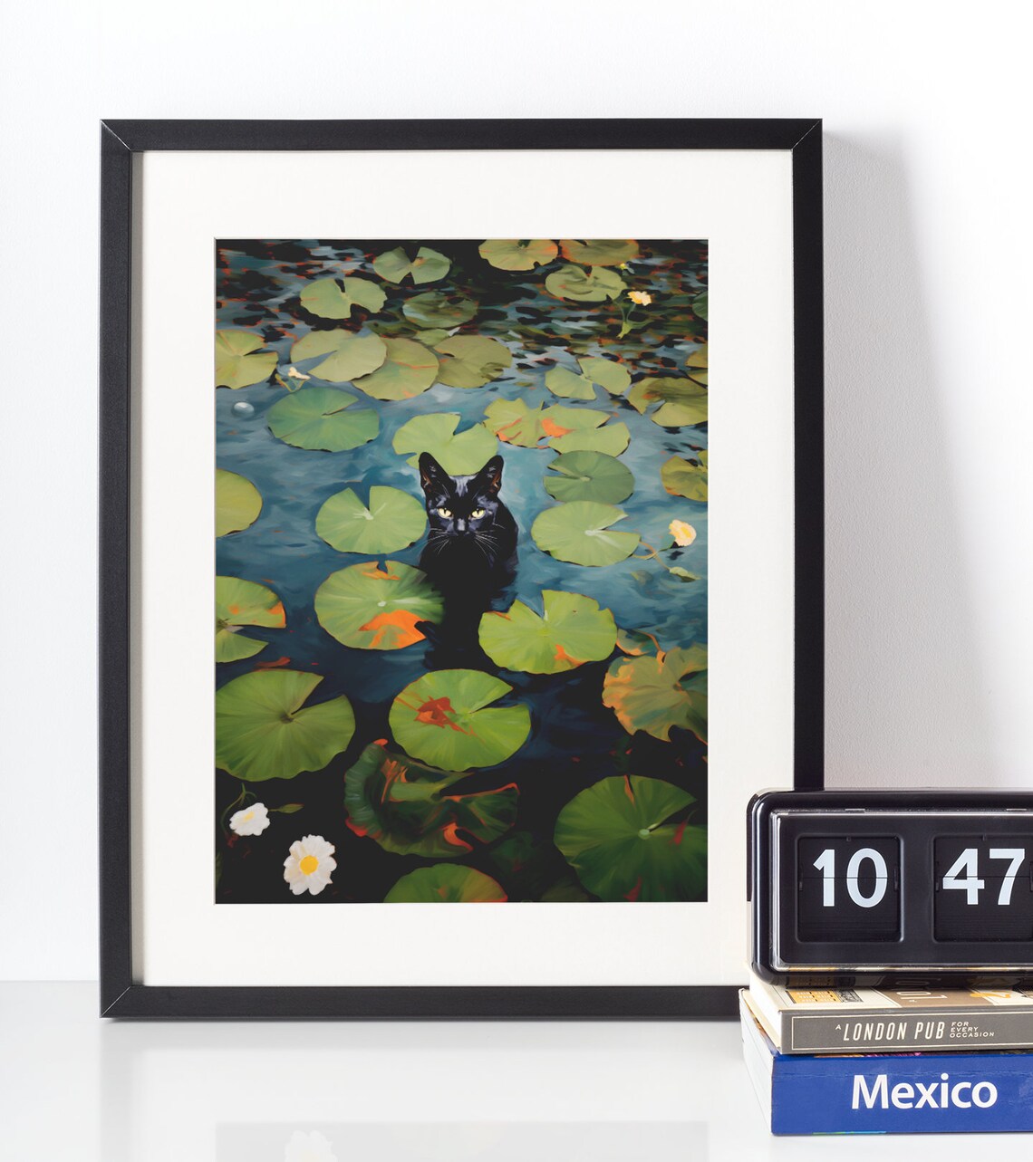 Black Cat Among Water Lilies Moody Oil Painting Animal Art Poster - Image 2