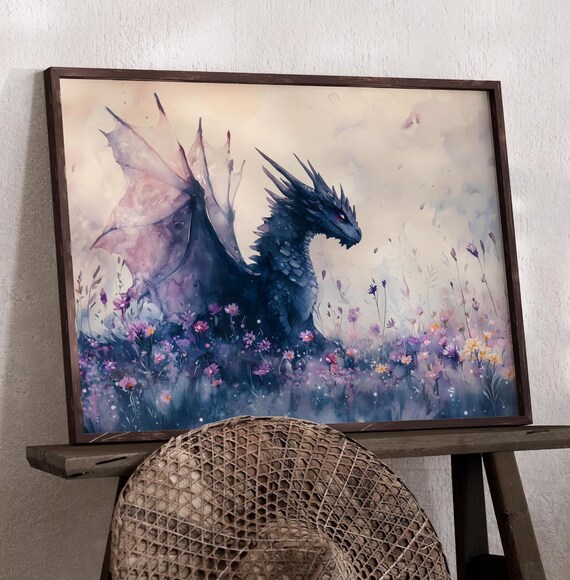 Dragon Watercolor Art Horizontal Poster Print Fantasy Art Forest And A Dragon Fantasy Painting Watercolor Illustration Dark Academia