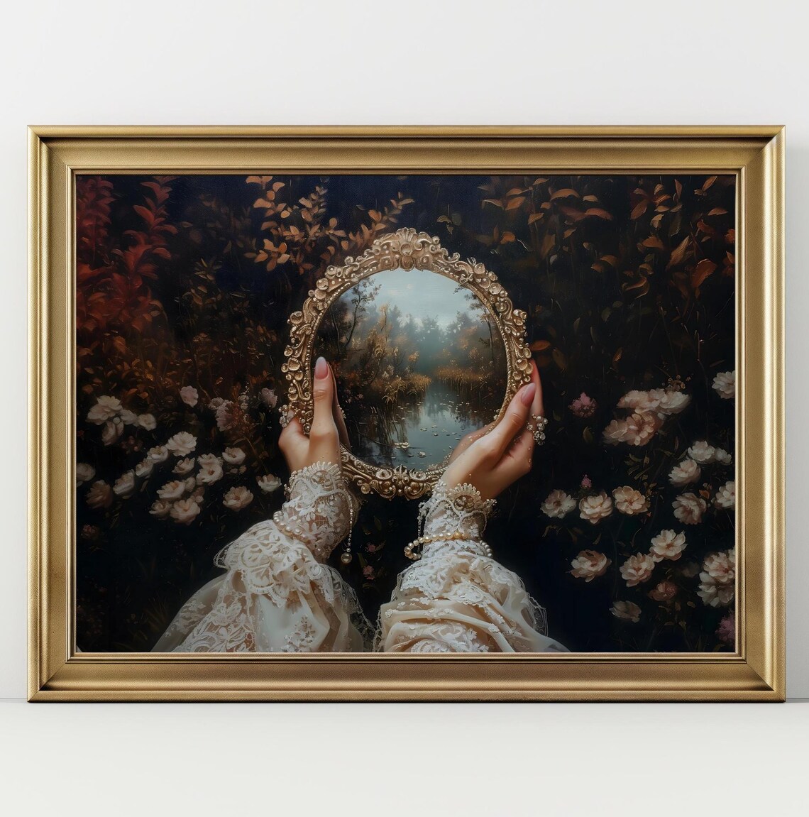Lace Sleeved Hands Holding Gold Mirror Reflecting Misty Pond Dark Floral Art Poster - Image 2