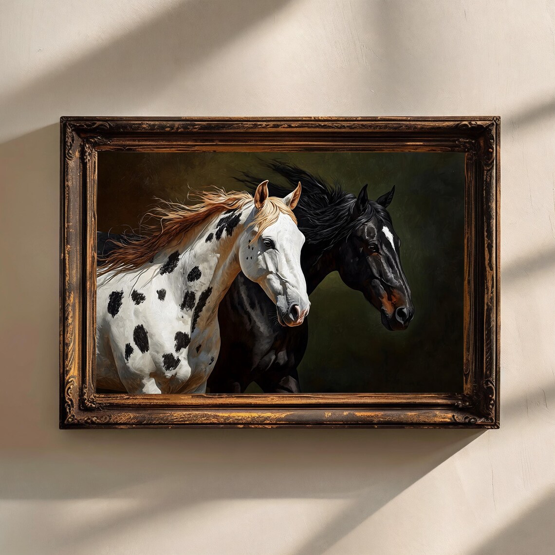 Appaloosa And Black Horse Heads Dark Background Equestrian Art Print - Image 2