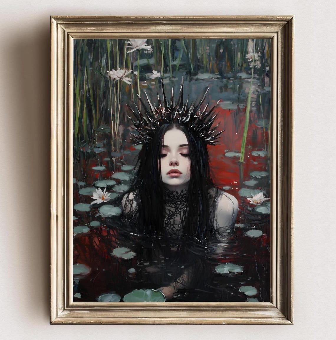 Thorn Crowned Lady in Dark Red Water Lily Pond Gothic Art Print