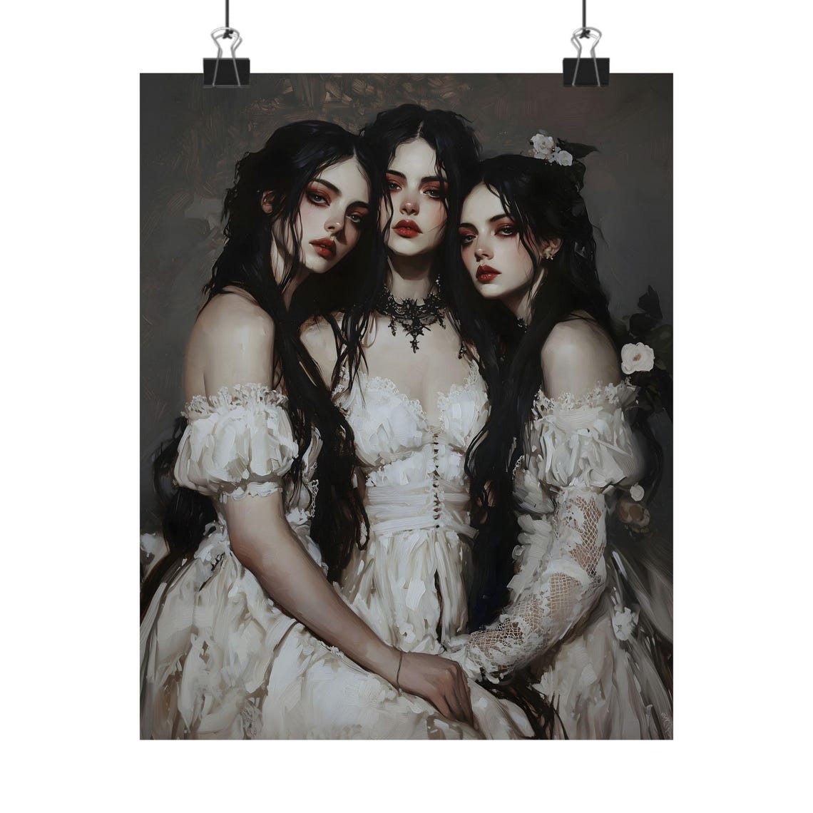 Three Vampire Sisters White Gown Dark Gothic Oil Painting Art Print - Image 2