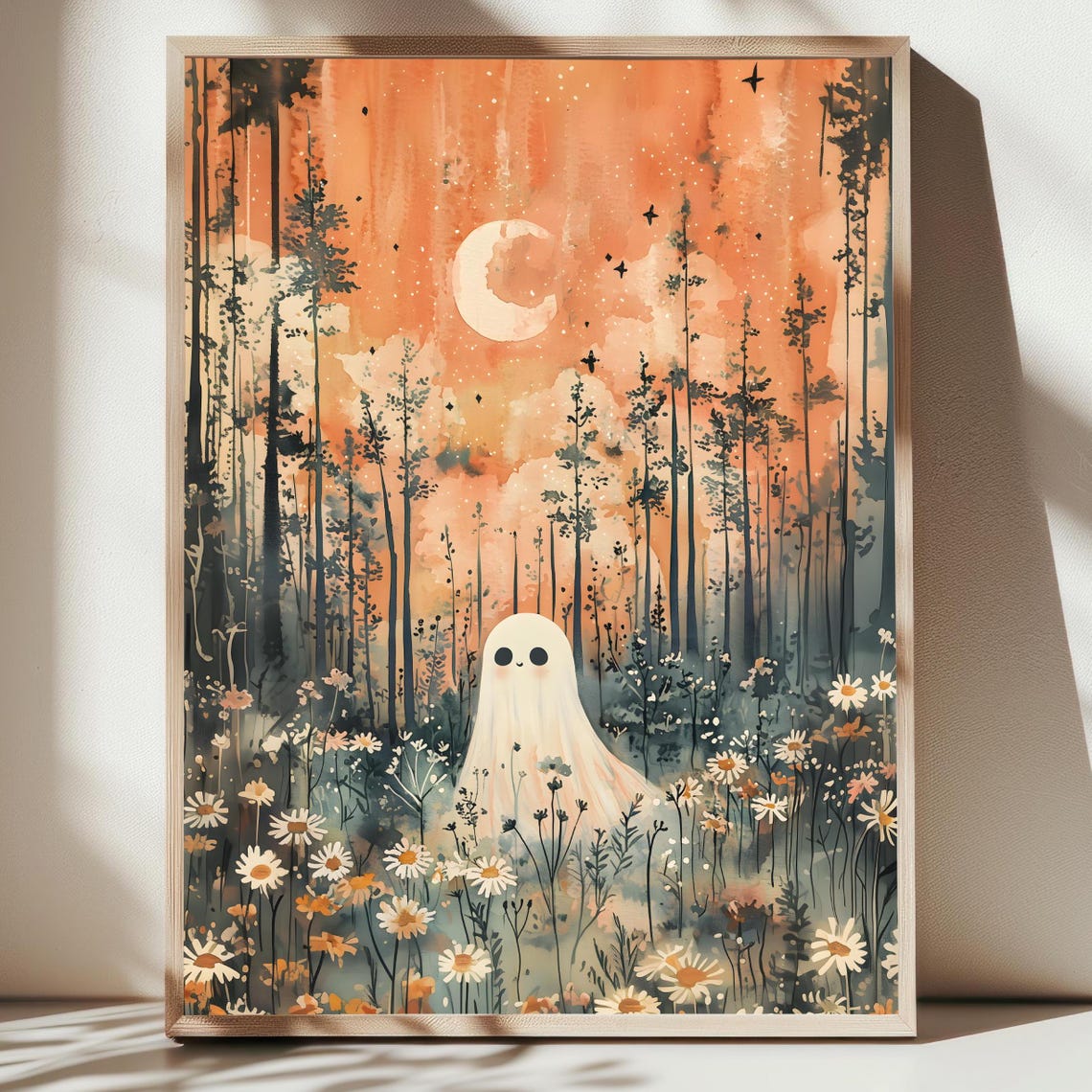 Cute Ghost In Wildflower Meadow Sunset Crescent Moon Whimsical Poster