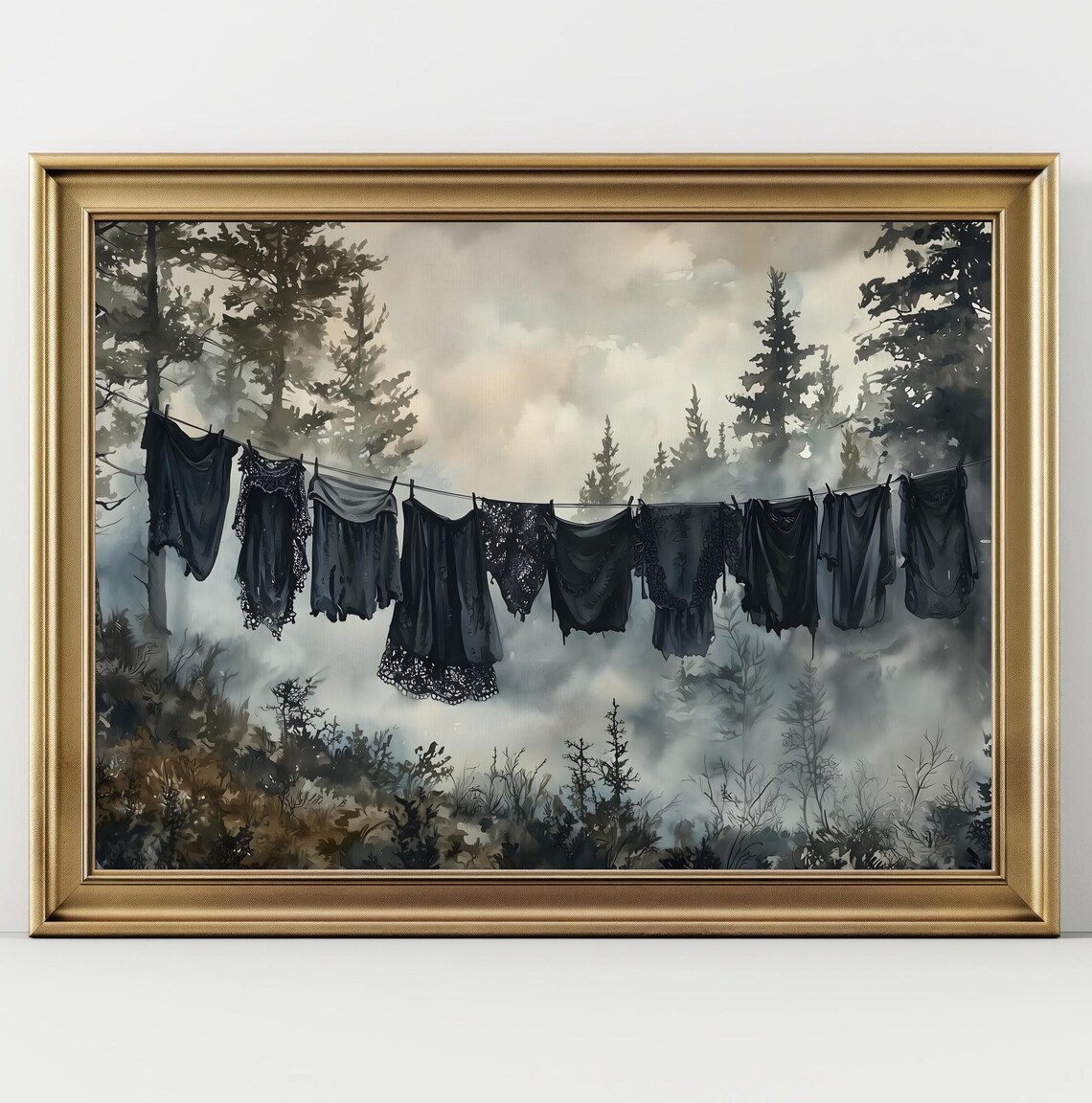 Black Dresses On Clothesline In Misty Forest Watercolor Gothic Laundry Wall Art Poster - Image 2