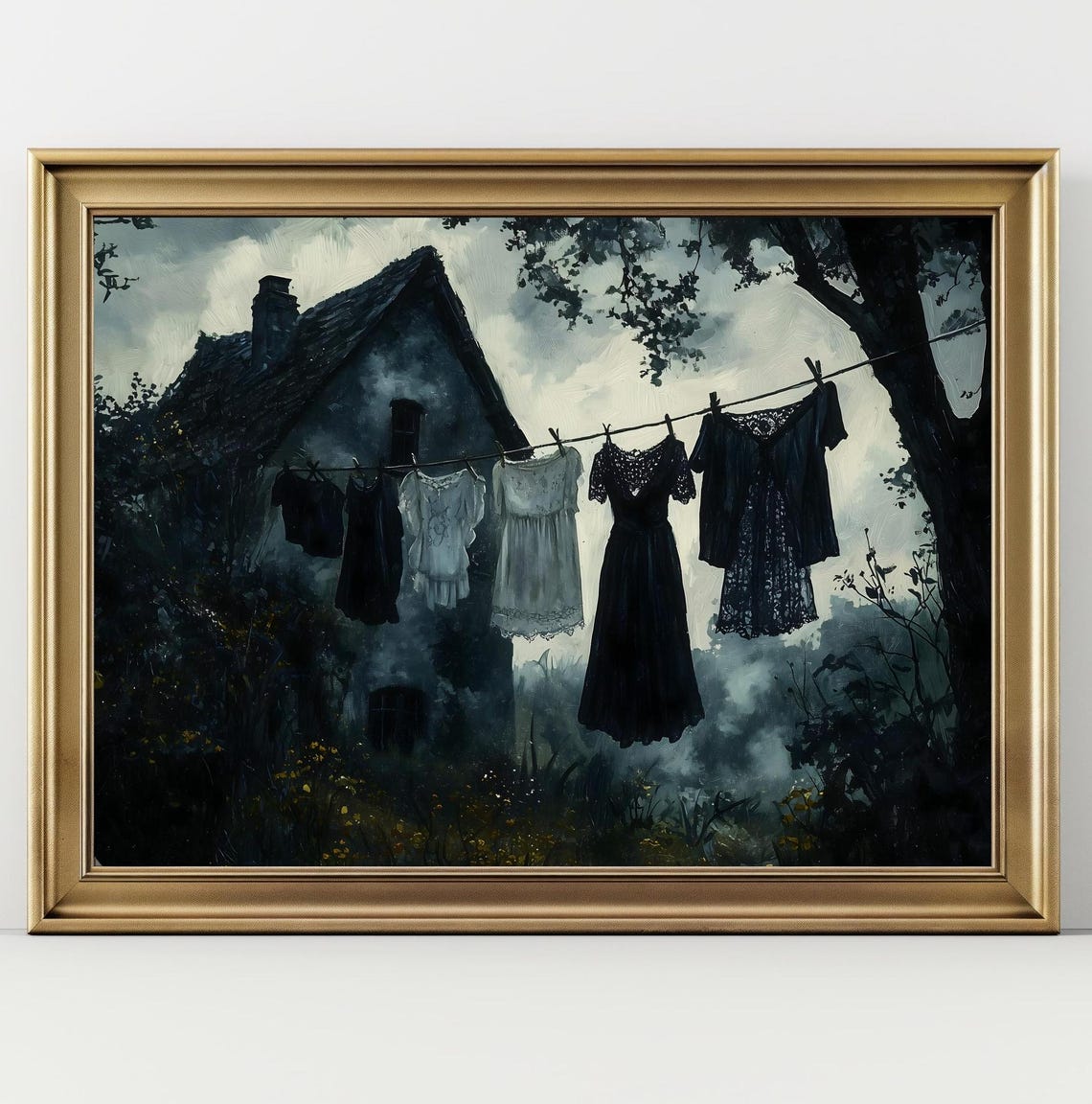 Black Dresses on a Clothesline at Moody Dark Cottage Night Poster - Image 3
