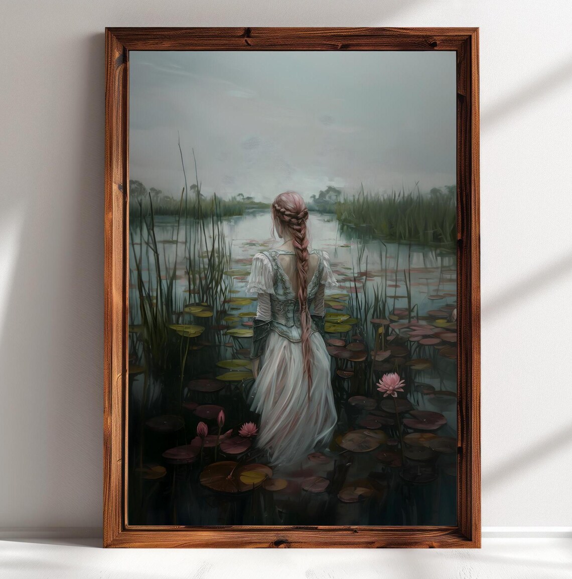 Braided Lady in White Gown Standing in Lily Pond View From Behind