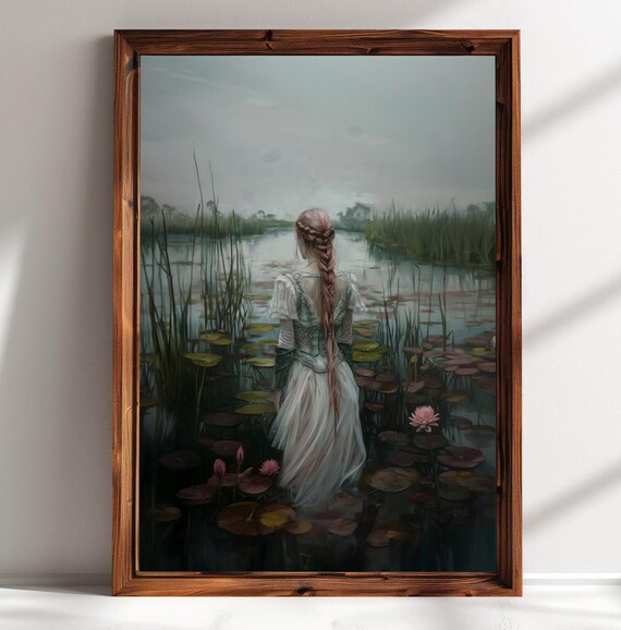 Braided Lady in White Gown Standing in Lily Pond View From Behind