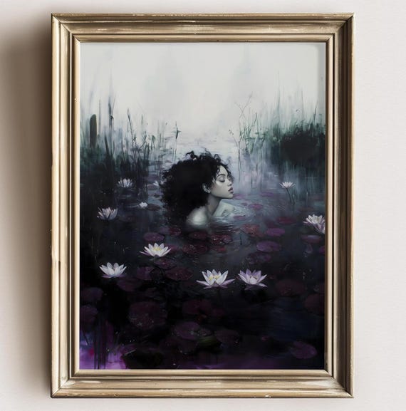 Black Ophelia Dark Academia Print The Lake Goth Moody Victorian Wall Art Dark Decor Aesthetic Black Girls Art Gothic Prints