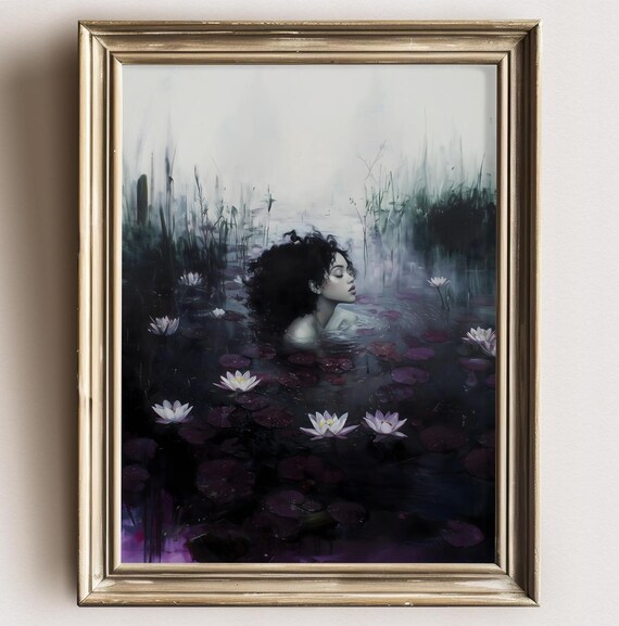 Woman in Profile Submerged Among White Water Lilies Dark Pond Print