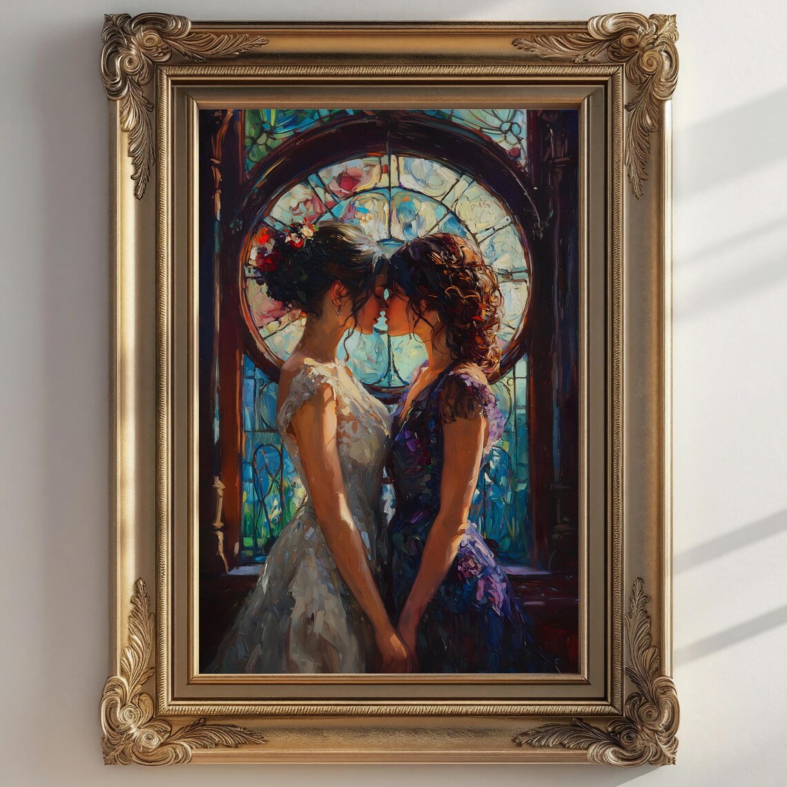 Two Women Embracing Before Stained Glass Window Romantic Painting Art Poster