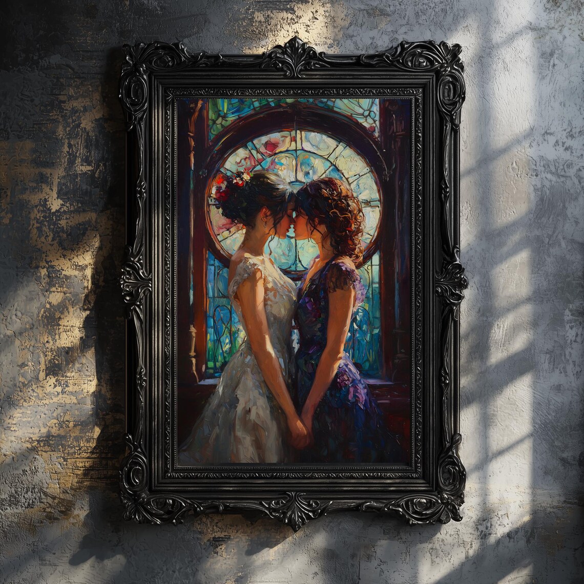 Two Women Embracing Before Stained Glass Window Romantic Painting Art Poster - Image 3