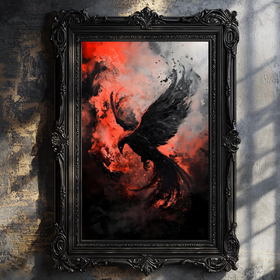 Black Phoenix Rising From Red Flames Dark Firebird Fantasy Art Poster