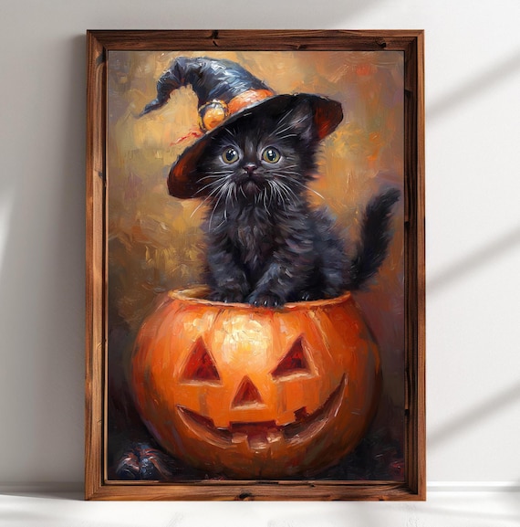 Black Kitten Witch Hat Sitting In Jack O Lantern Pumpkin Halloween Poster