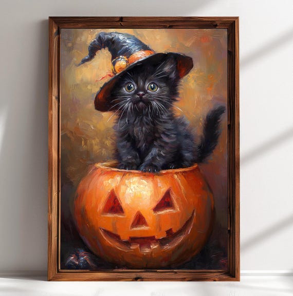 Cute Cat Pumpkin Print Halloween Wall Decor Halloween Lover Gift Whimsical Halloween Decor Charming And Spooky Wall Art For Fall Season