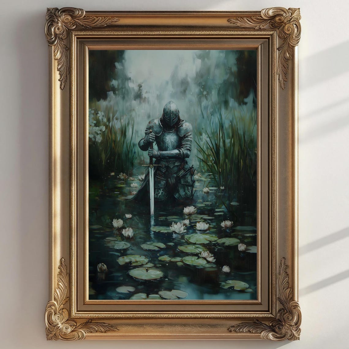 Medieval Knight Armor Kneeling Sword Misty Water Lily Pond Dark Poster - Image 2