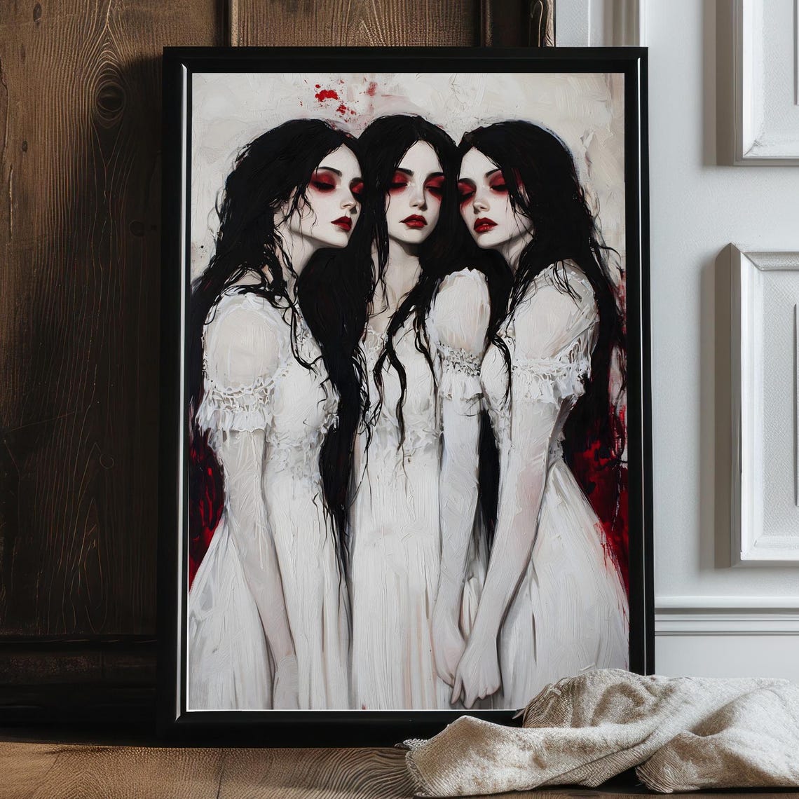 Three Pale Vampire Sisters Bloody White Dresses Horror Gothic Poster