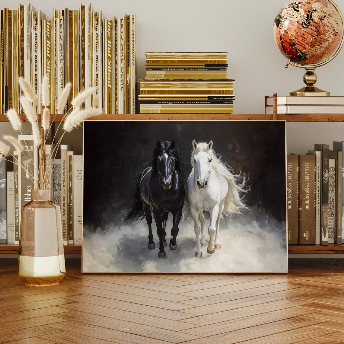 Black And White Horses Galloping Dramatic Dark Equestrian Art Poster - Image 2