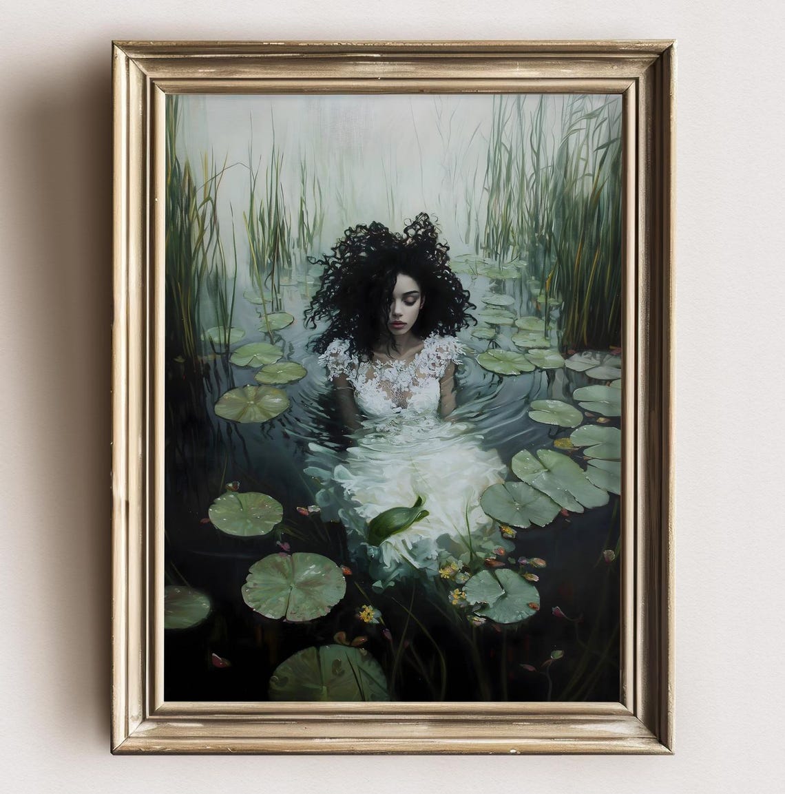 Black Ophelia Lily Pond Submerged Woman Dark Watercolor Art Print