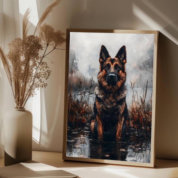 Moody Dark Landscape German Shepherd Print Vintage Lake Painting Dog Wall Art Print Dark Cottagecore Landscape Farmhouse