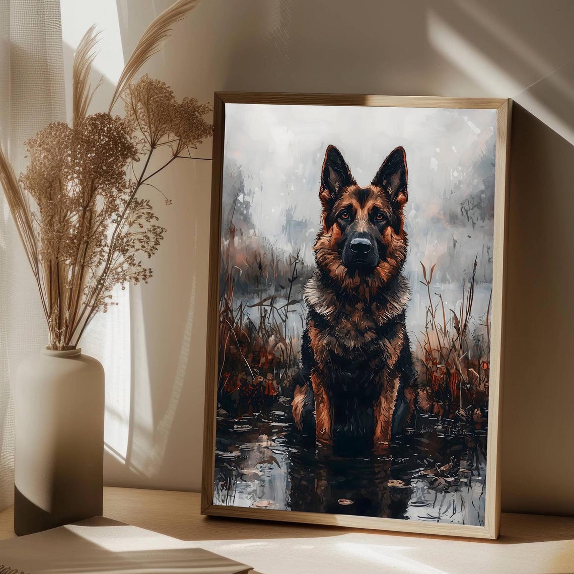 German Shepherd Sitting Dark Water Reflection Warm Moody Print