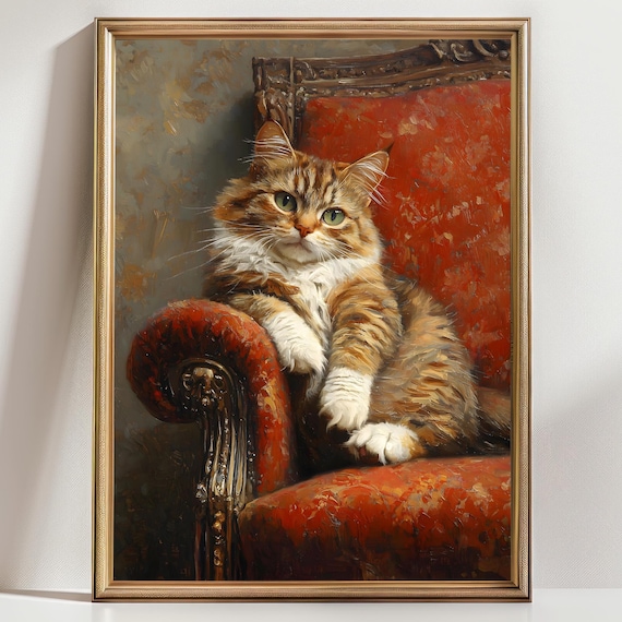 Fluffy Tabby Cat Red Velvet Armchair Vintage Portrait Oil Painting Print