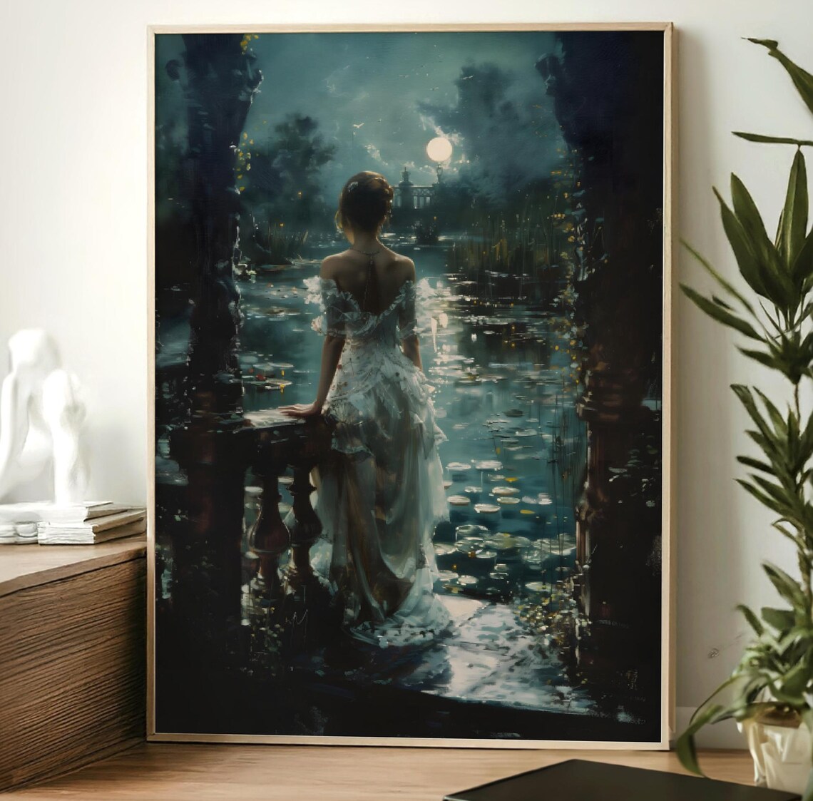 Moonlit Terrace Woman White Gown Lily Pond Dark Romantic Gothic Art Print - Image 2