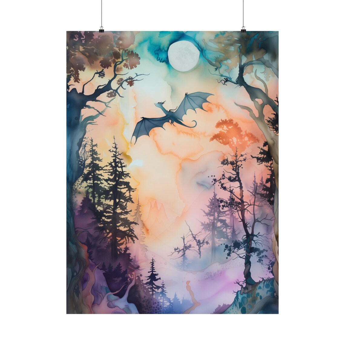 Dragon Flying Over Moonlit Forest Watercolor Pastel Fantasy Nursery Wall Art - Image 2