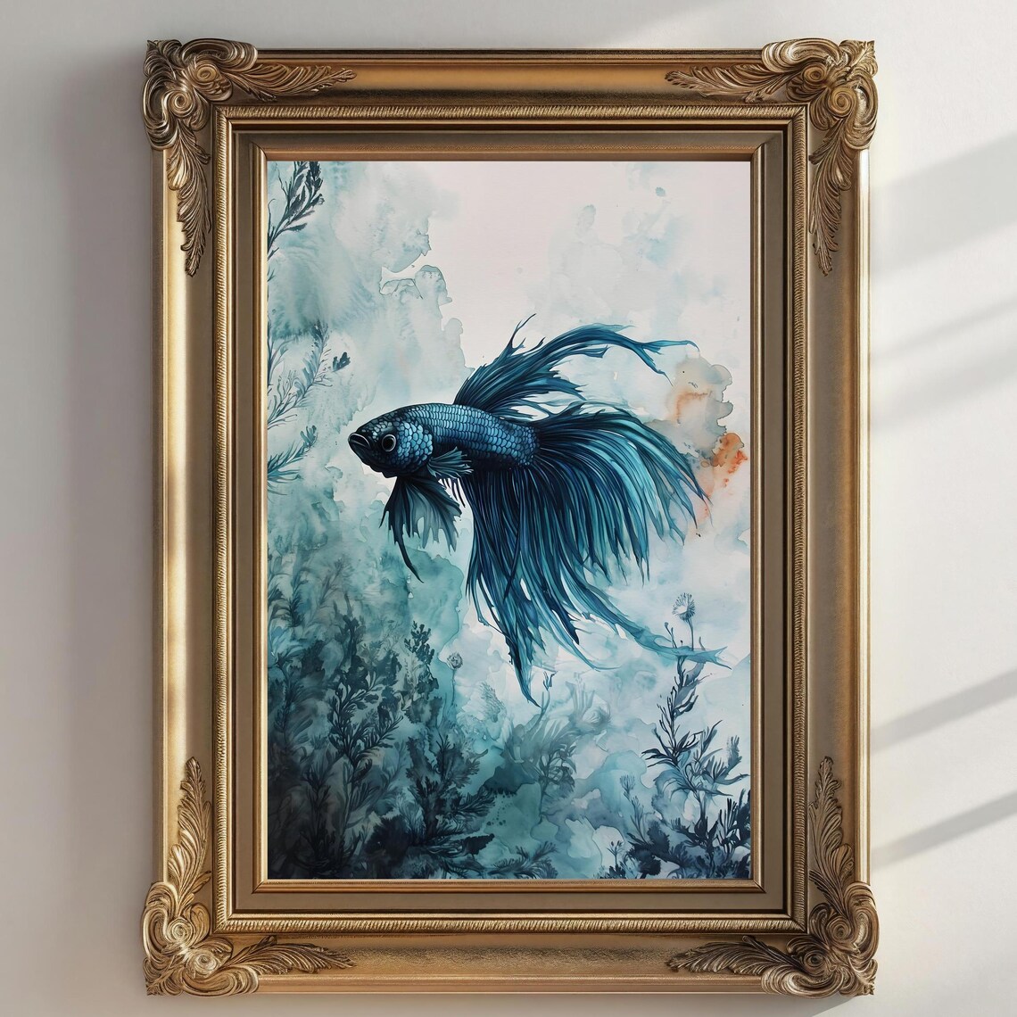 Deep Blue Betta Fish Flowing Fins Pale Blue Watercolor Aquarium Print