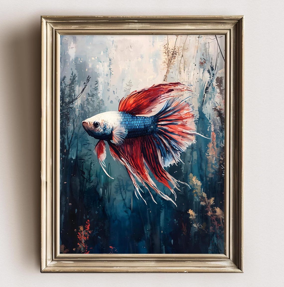 White Blue Betta Fish With Red Flowing Fins Watercolor Art Poster
