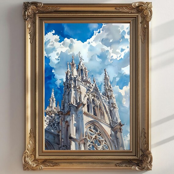White Gothic Cathedral Spires Against Blue Sky Watercolor Travel Poster