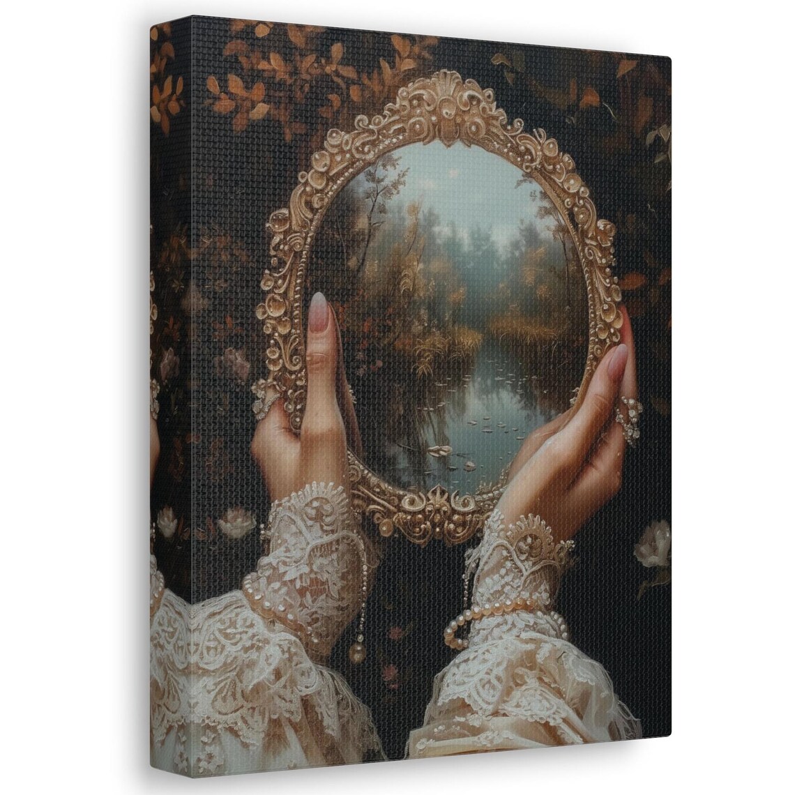 Lace Hands Holding Vintage Mirror With Misty Forest Pond Reflection Poster