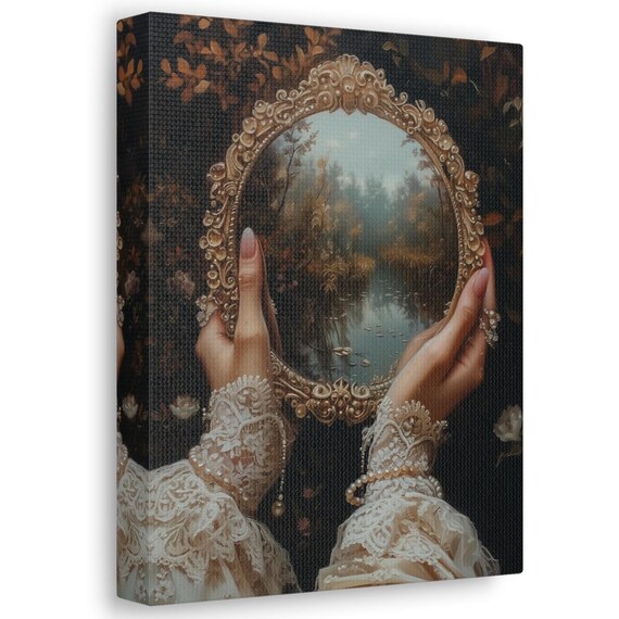 Lace Hands Holding Vintage Mirror With Misty Forest Pond Reflection Poster
