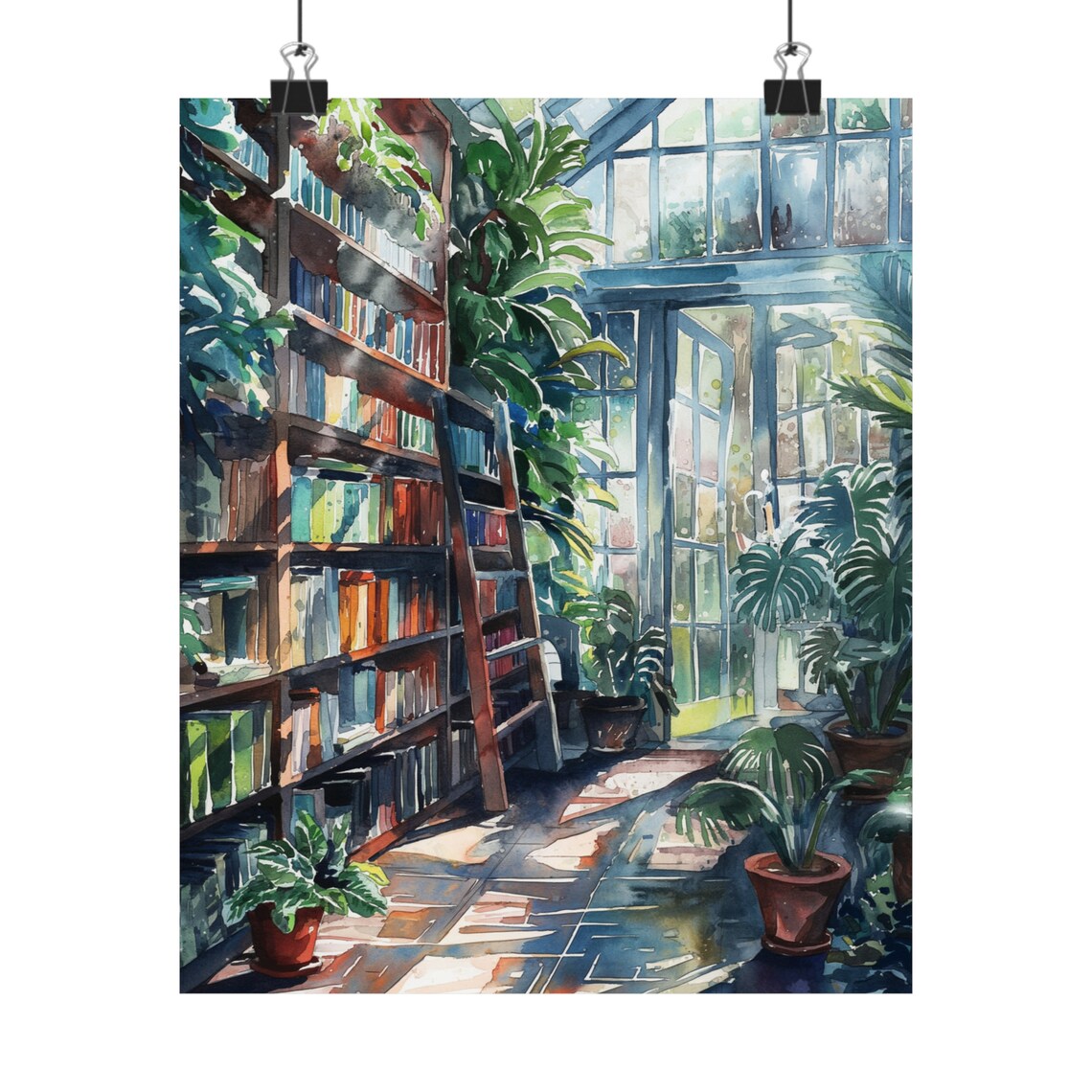 Greenhouse Library Tall Bookshelves Glass Ceiling Plants Watercolor Bookish Print - Image 2