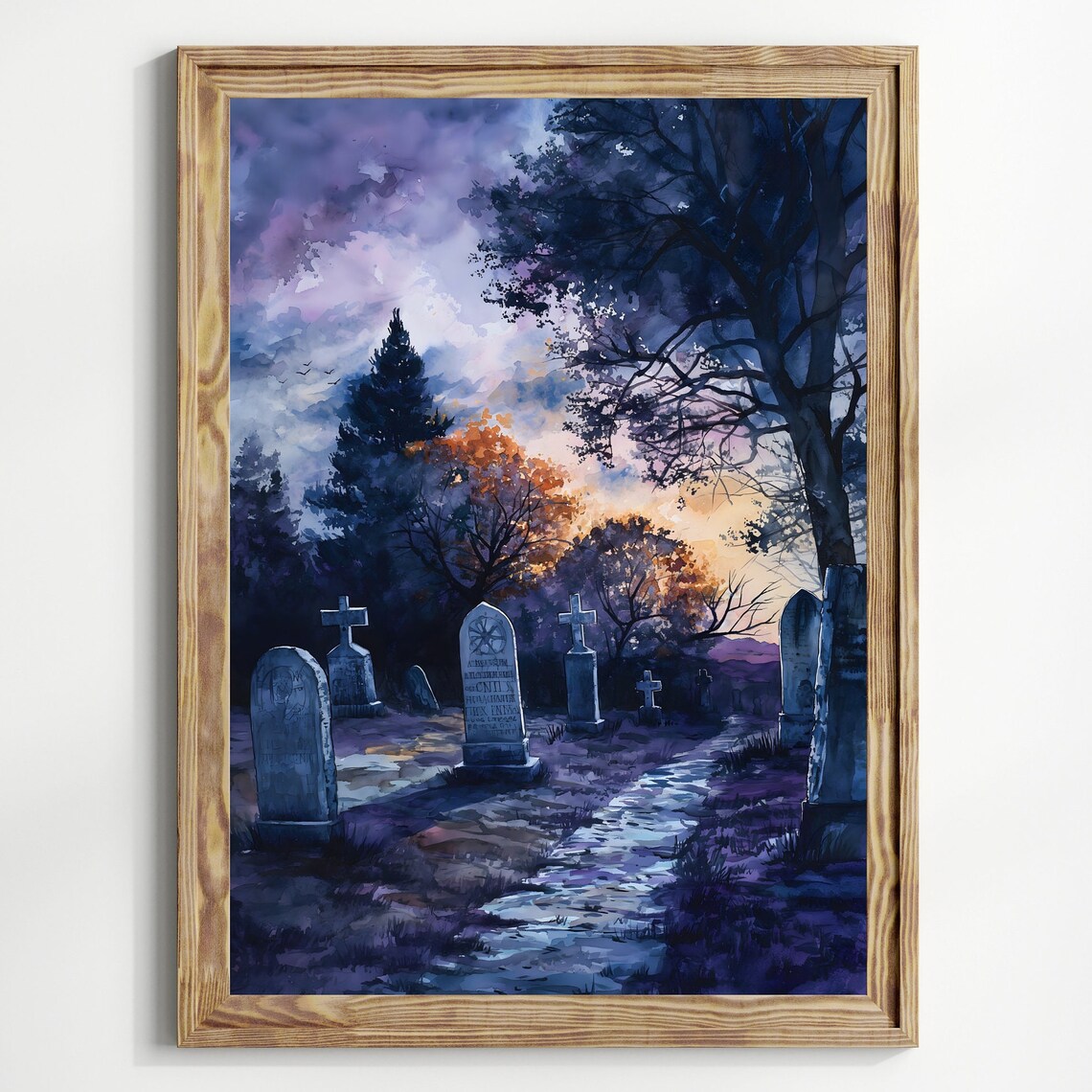 Gothic Graveyard At Dusk Purple Orange Sunset Cemetery Watercolor Print - Image 3