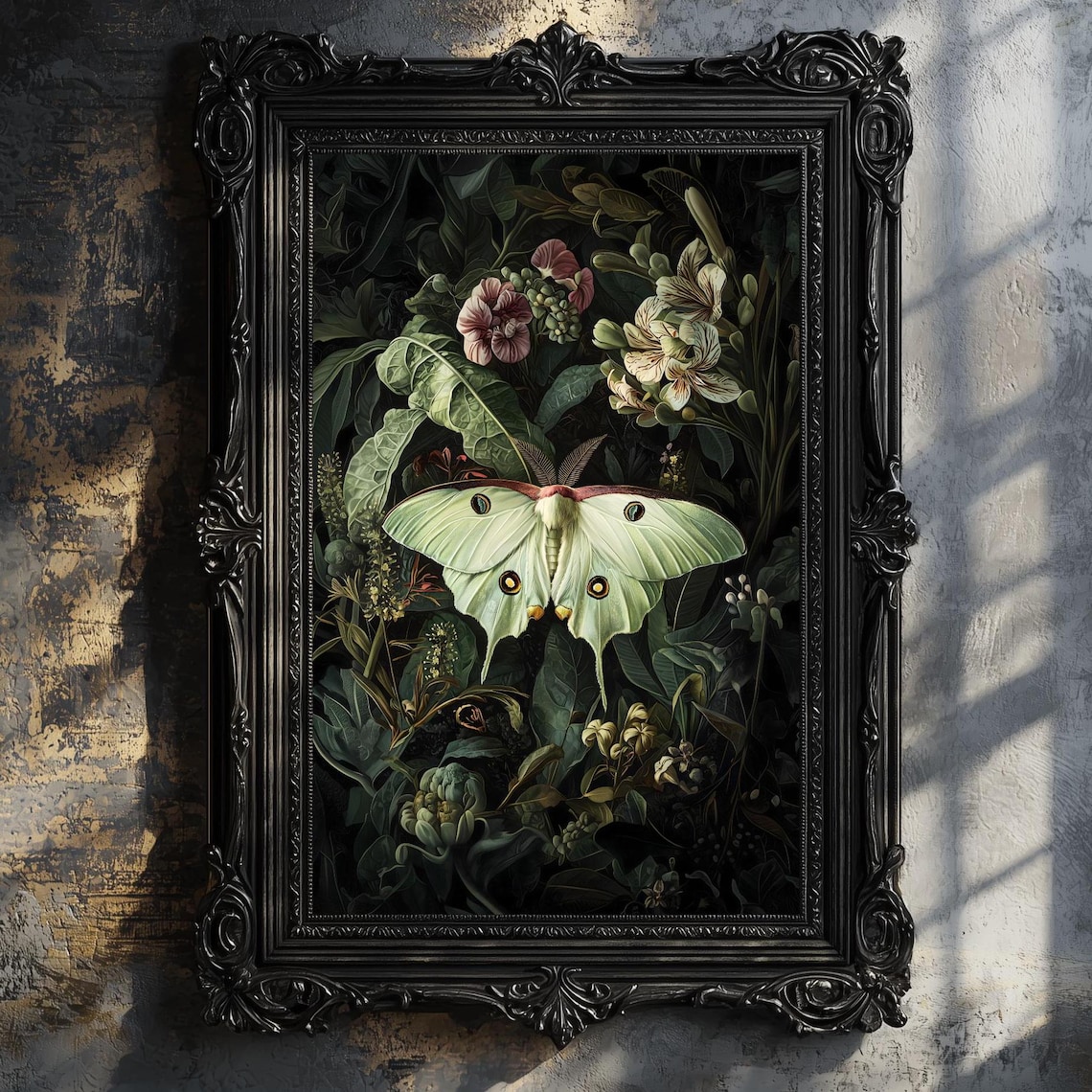 Luna Moth Dark Botanical Art Print, Whimsigoth Style