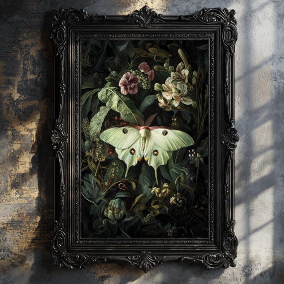 Luna Moth Dark Botanical Art Print, Whimsigoth Style