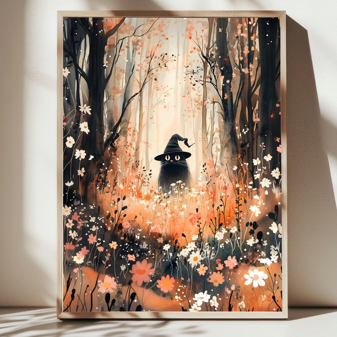 Black Cat In Witch Hat Autumn Forest Watercolor Wildflower Meadow Spooky Poster