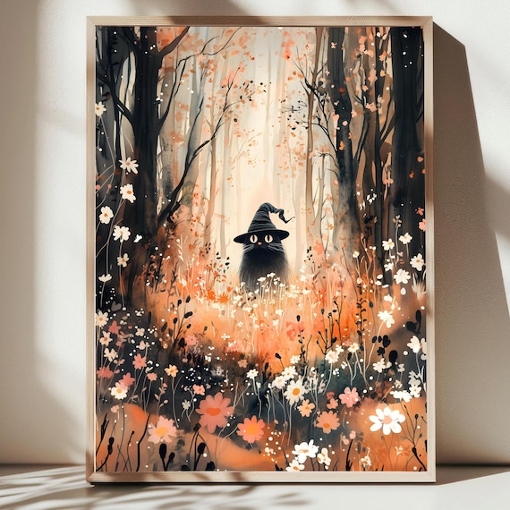 Black Cat In Witch Hat Autumn Forest Watercolor Wildflower Meadow Spooky Poster