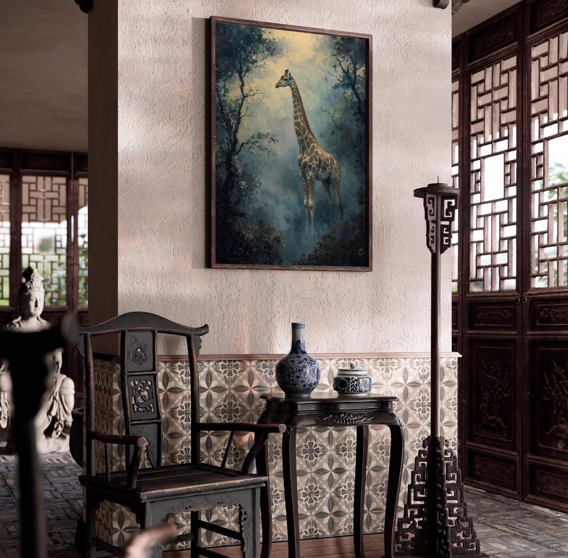 Giraffe Standing Misty Golden Jungle Moody Wildlife Wall Art - Image 2