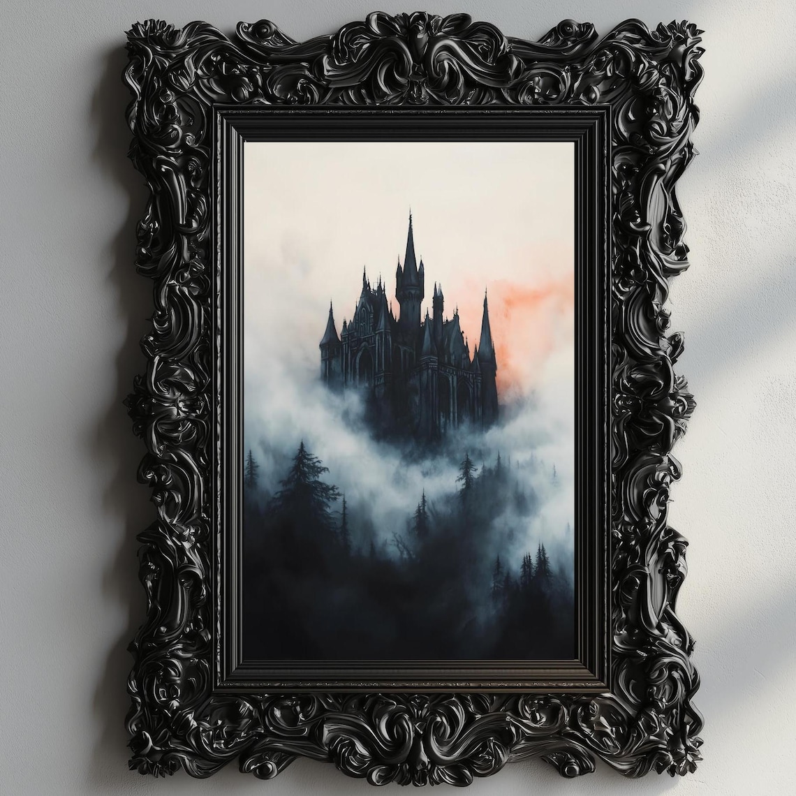 Dark Gothic Castle Rising Above Misty Pine Forest Haunting Night Wall Art - Image 2