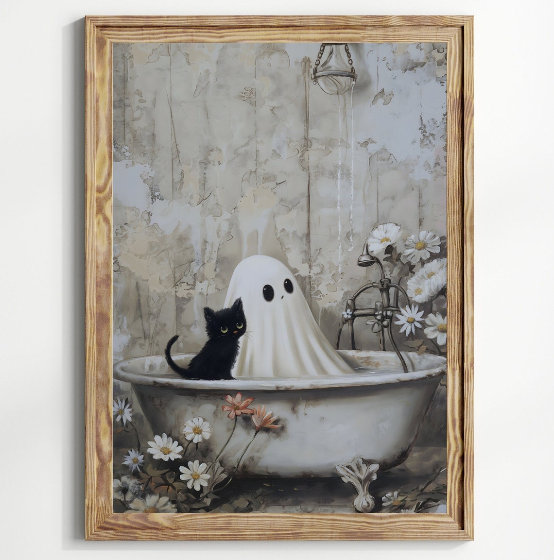 Ghost And Black Cat In Clawfoot Bathtub Daisies Whimsigoth Art Poster