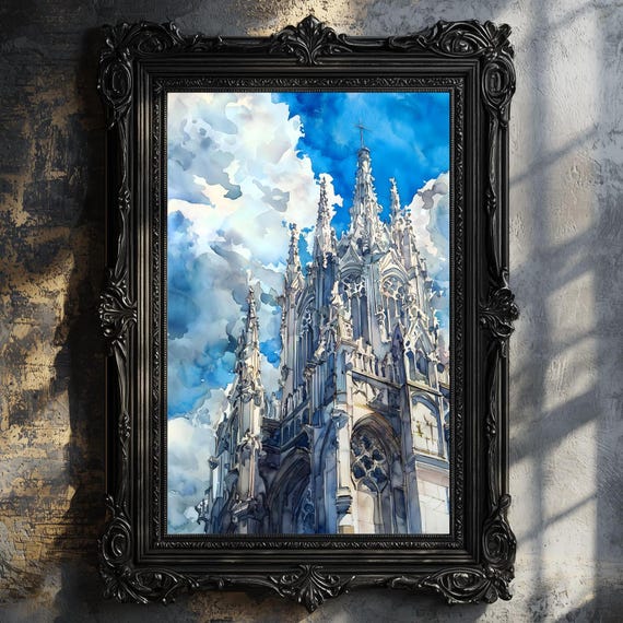 Gothic Cathedral Art Print Light Academia Decor Gothic Castle Poster Wall Decor Gothic Landscape Victorian Print Dark Fantasy Art Clouds
