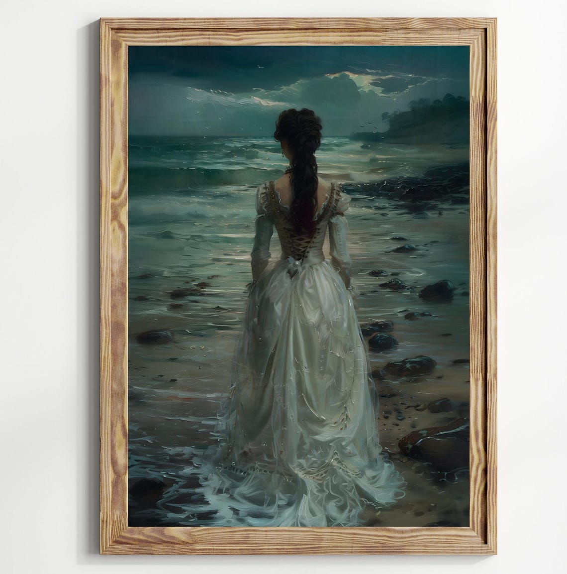 Woman White Gown Moonlit Rocky Shore Night Sea Gothic Painting Poster - Image 2