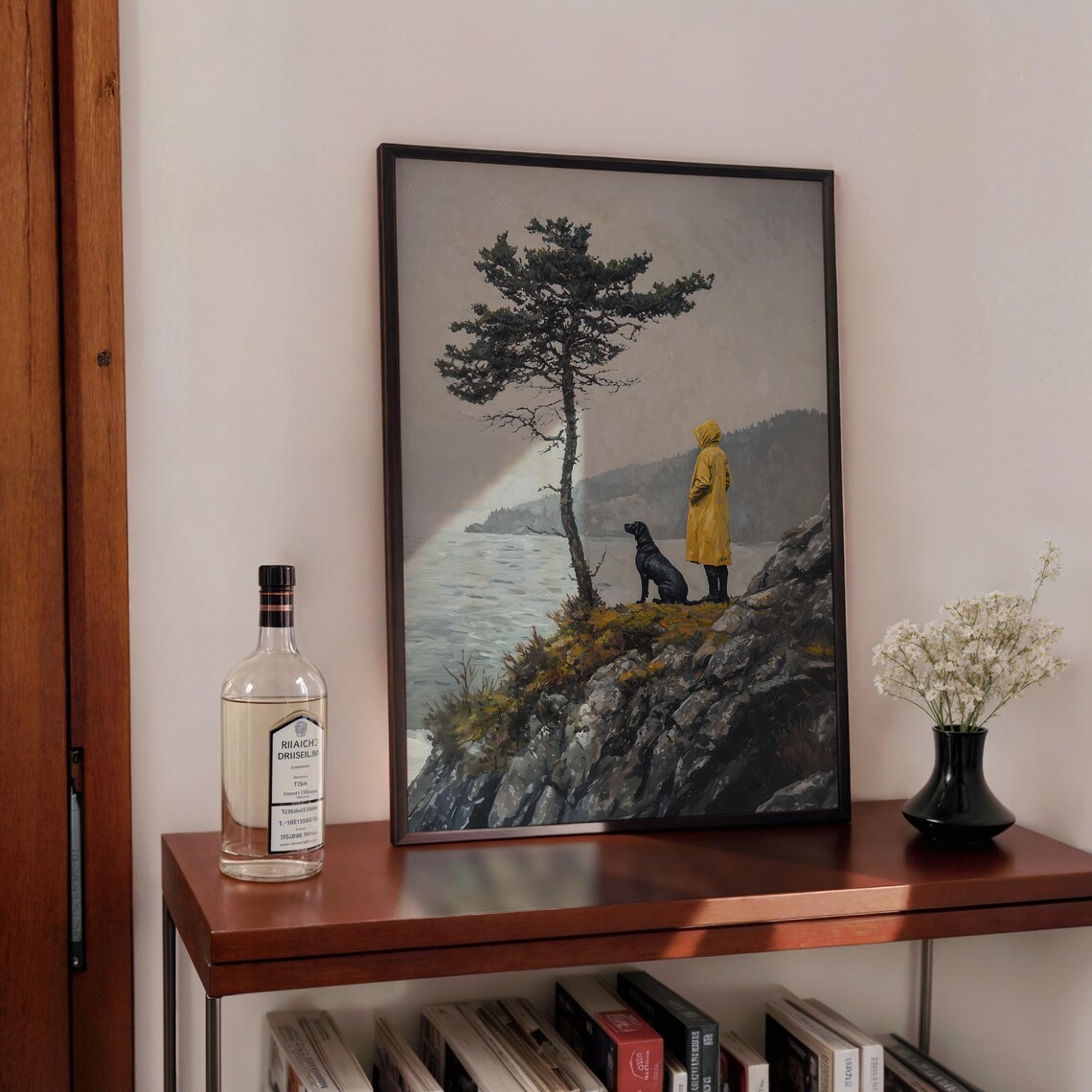 Black Labrador Yellow Raincoat Woman Moody Coastal Cliff Art Poster - Image 2