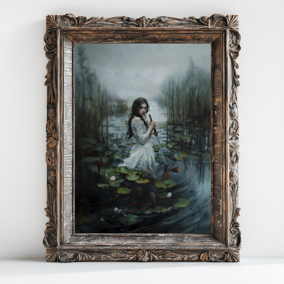 Lady in White Gown Holding Sword in Misty Water Lily Lake Art Print - Image 2