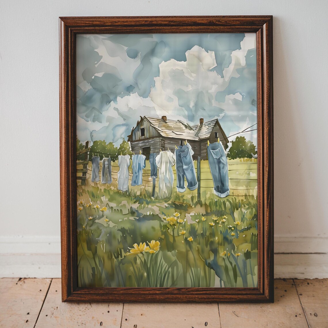 Old Farmhouse Laundry On Line Watercolor Country Farm Scene Art Poster
