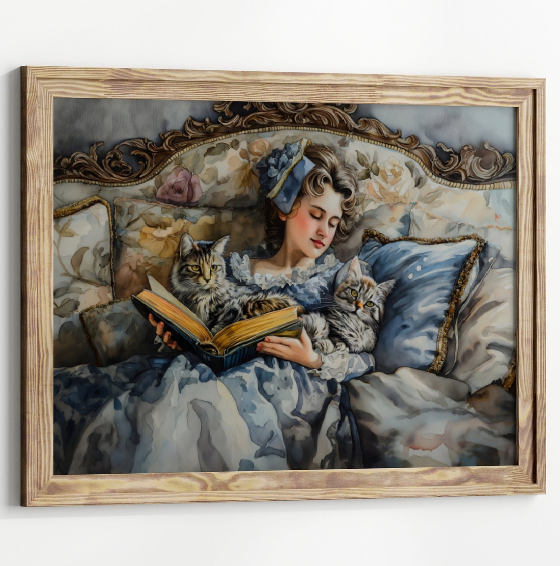 Victorian Woman Reading Sofa Two Cats Blue Watercolor Wall Art - Image 2